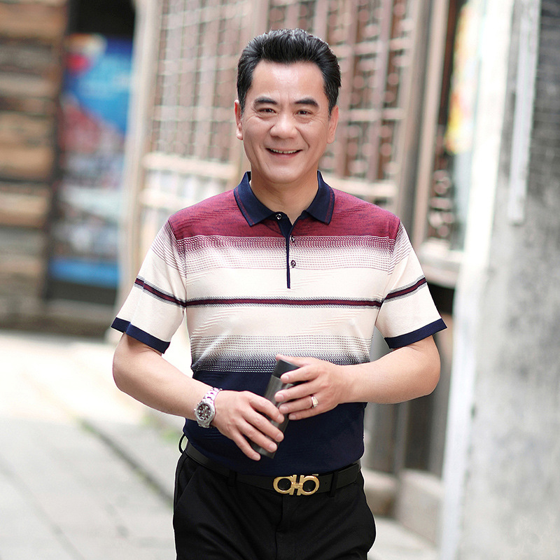 Summer Middle-Aged Short Sleeve T-shirt Men's Ice Silk Loose Polo Shirt Men's Dad Summer Top Middle-Aged and Elderly Men's Clothes