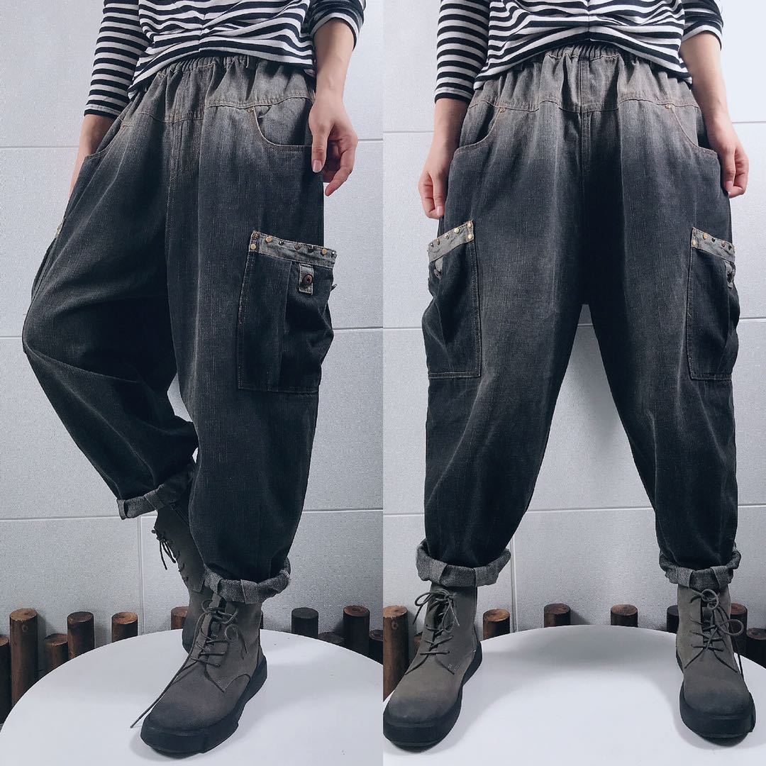 欧洲站吊裆牛仔裤女2020秋季欧货大口袋个性渐变哈伦垮裤大裆马裤