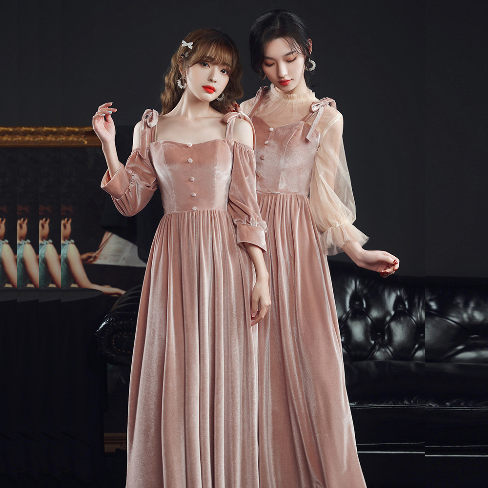 服2020新款夏季长款灰色长袖一字肩姐妹团大码伴娘团晚礼服裙0670