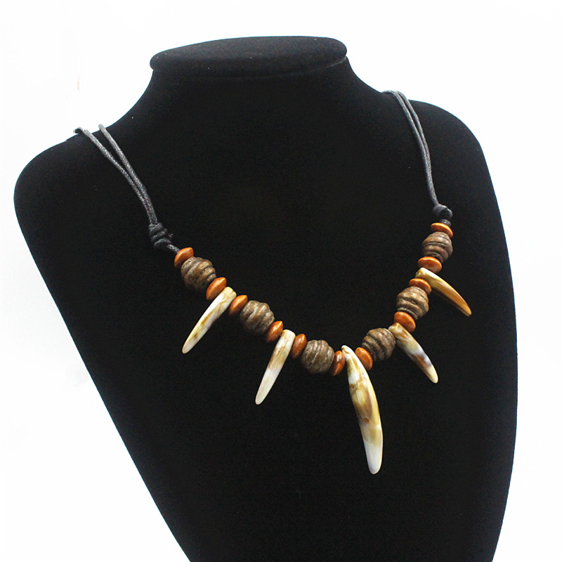 跨境热销亚克力狼牙项链 部落风格手工串珠蜡线可调节项链批发