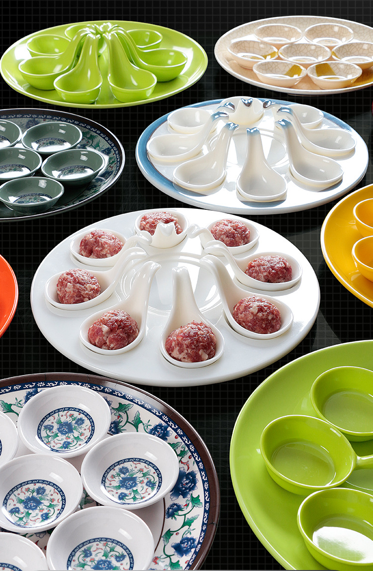 密胺火锅店餐具商用虾滑装盘牛肉丸鱼丸鱼滑盘涮肉拼盘圆形塑料盘