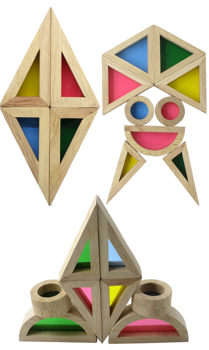 木制创意亚克力大块积木 儿童感知颜色形状认知彩虹堆塔拼搭玩具