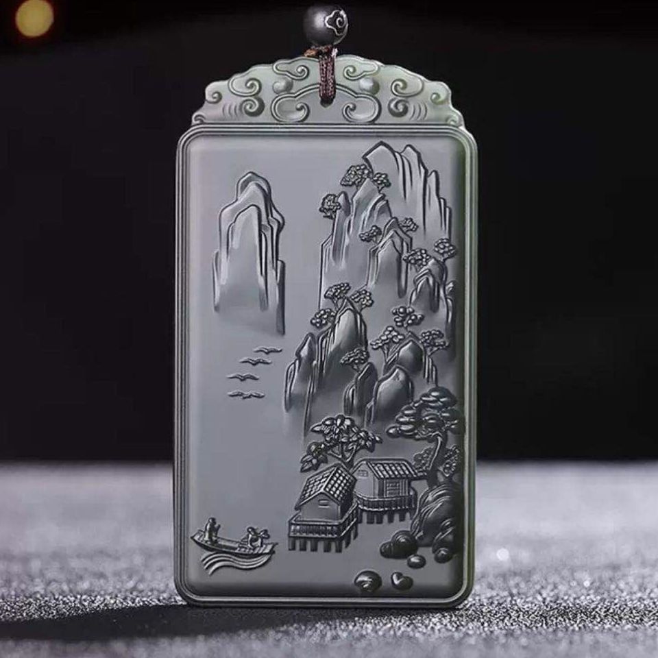 和田玉山水牌子玉吊坠男塔青细料青玉石玉牌吊坠项链双面玉佩玉坠