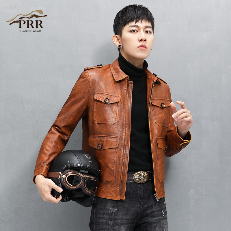 新款海宁真皮皮衣男士绵羊皮猎装修身潮流机车皮夹克复古做旧外套