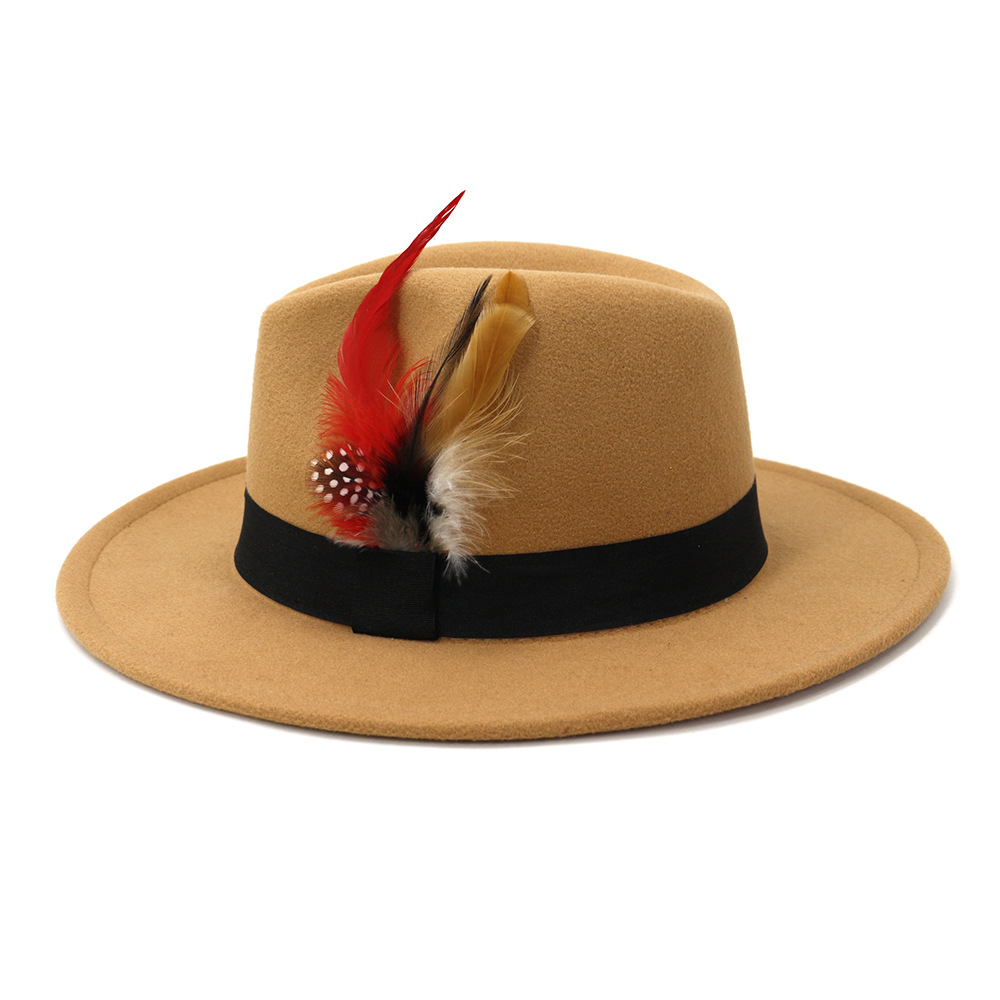 速卖通亚马逊秋冬新款黑色毛呢礼帽欧美时尚羽毛爵士帽子mndjs303