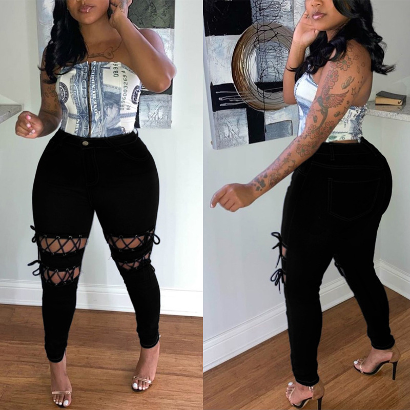 跨境货源2020冬季款黑色绑带牛仔小脚裤弹力大码女裤外贸出肥仔裤