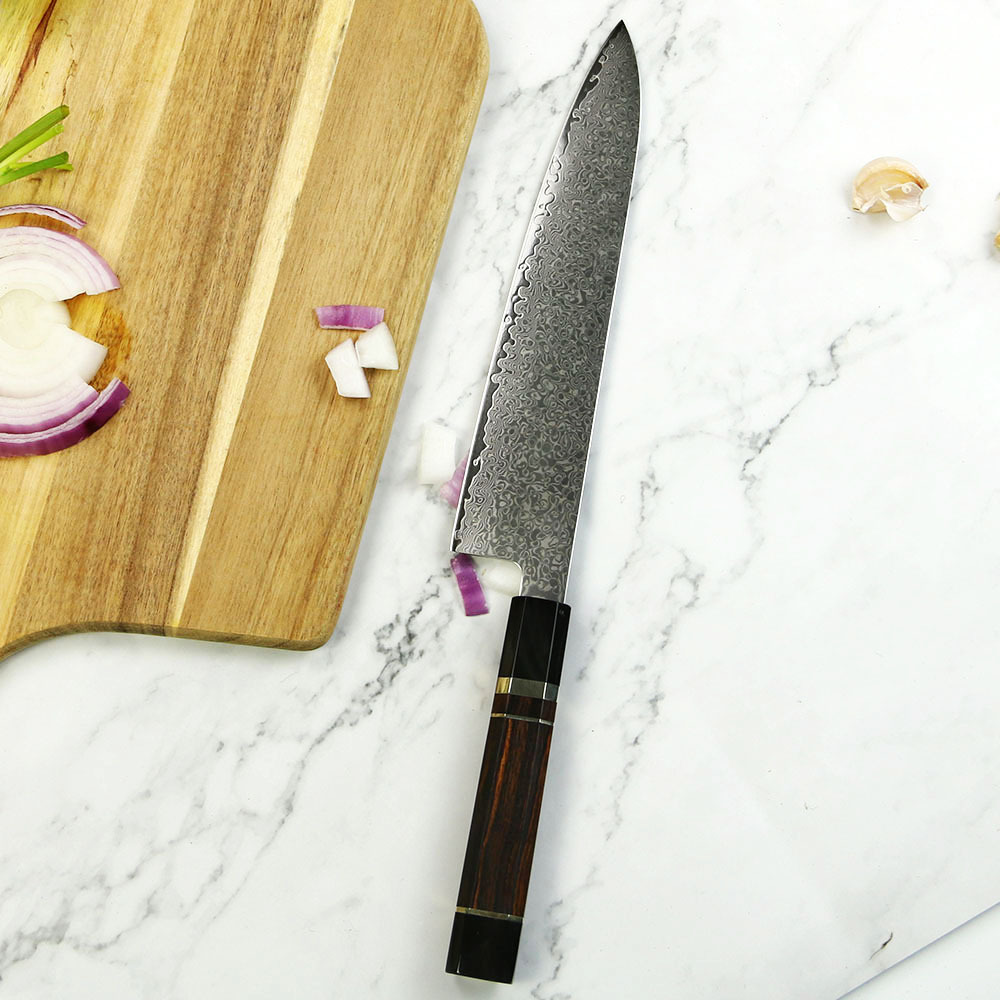 9寸大马士革牛刀10cr15comov日式厨师刀牛角柄沙漠铁手柄料理刀