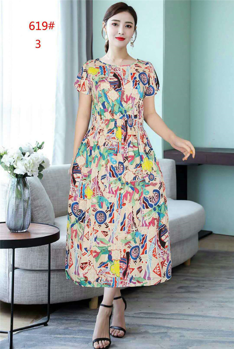 中老年连衣裙夏季中年妇女棉绸碎花短袖宽松大码妈妈装印花连衣裙