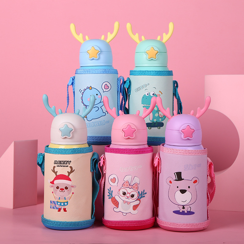 New Stainless Steel Bouncing Thermos Cup Customized 316 Antler Cup with Straw Children Anti-Fall Cartoon Thermal Insulation Kettle