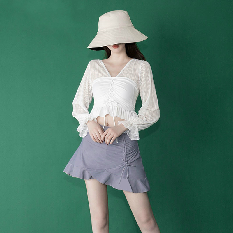 分体游泳衣女2021年新款温泉遮肚显瘦三件套小胸聚拢罩衫保守泳装