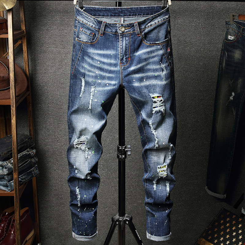   Cross-Border Factory Men's Jeans Ripped Straight-eg Trousers European and American Foreign Trade Patch Washed Denim Men's Trousers
