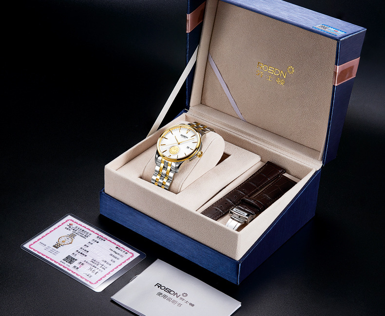 劳士顿情侣表时尚潮流防水钢带日历18k镀金表自动机械表2163