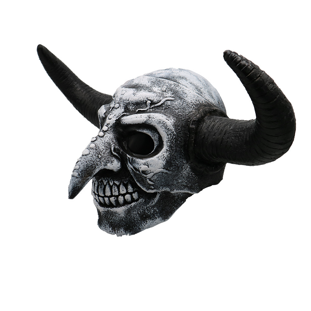 跨境热卖黑色牛角面具万圣节骷髅头恐怖乳胶头套长鼻子牛头面具