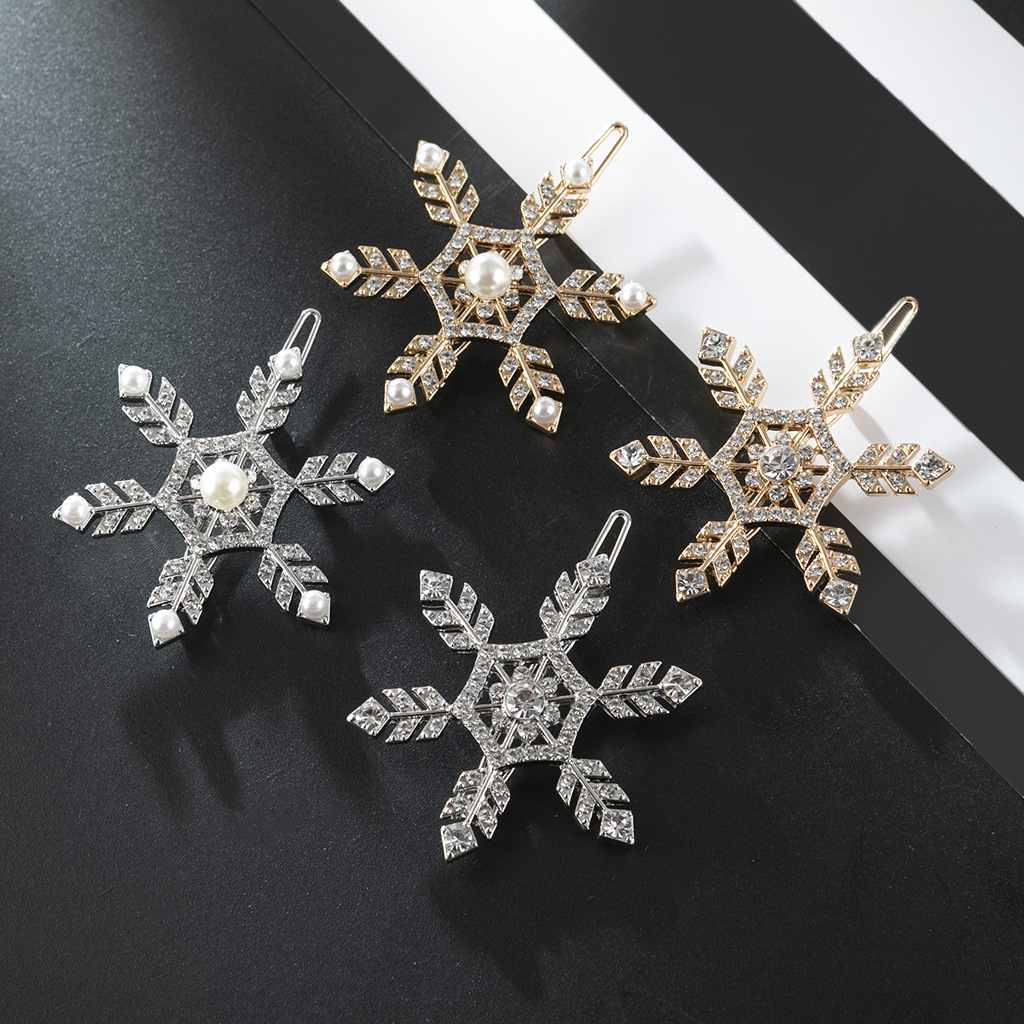 大号合金满钻珍珠雪花发夹跨境ins风镂空发饰圣诞雪花头饰