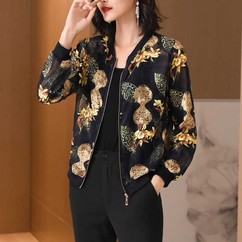 真丝印花棒球服外套女春季2020新款轻薄夹克复古宽松外穿长袖上衣