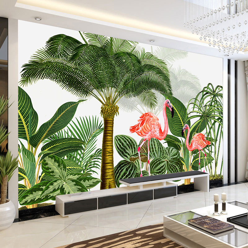 ins火烈鸟墙纸电视背景墙壁纸热带植物芭蕉叶北欧壁画美容店餐厅