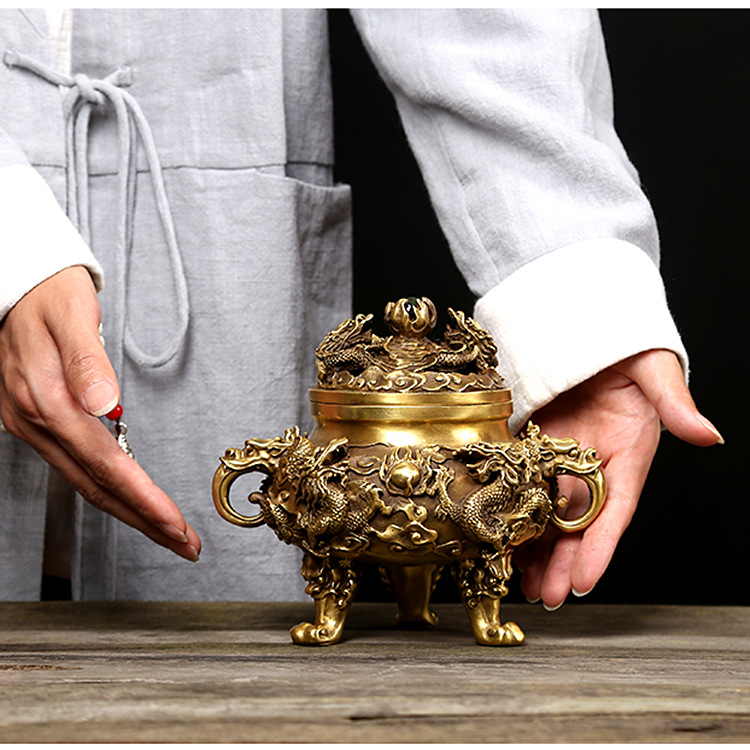 批发纯黄铜香炉九龙吐珠熏香道教佛具宗教用品家居室内佛堂檀香炉
