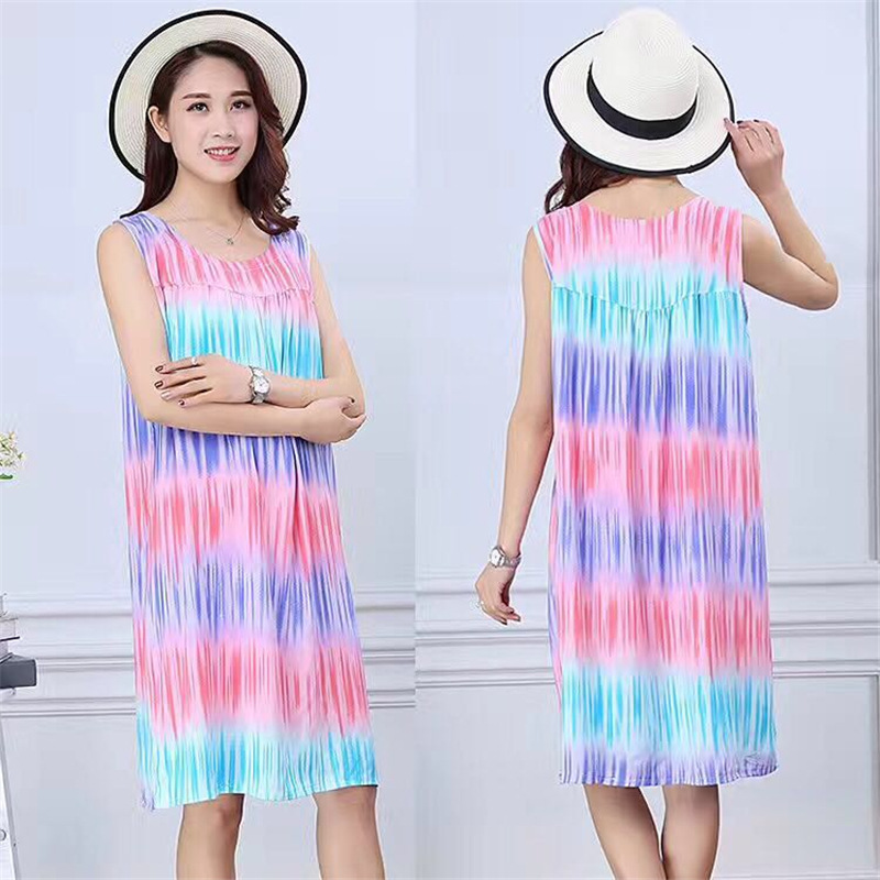 Summer Pajamas for Middle-Aged and Elderly Women Faux Silk Mom Nightdress Summer Adult plus Size Cotton Bourette Dress