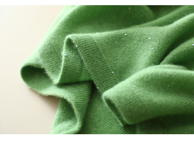 卡莎娜山羊绒女打底秋季套头圆领珠片纱羊毛短袖t恤女薄款打底衫