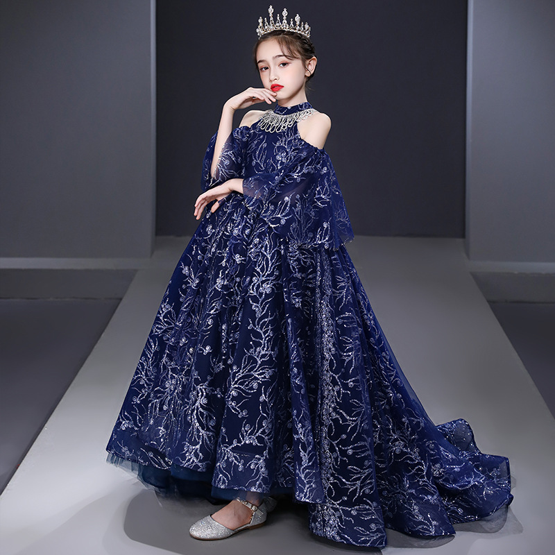 女童礼服裙高端主持人走秀儿童拖尾晚礼服蓬蓬纱小女孩生日公主裙