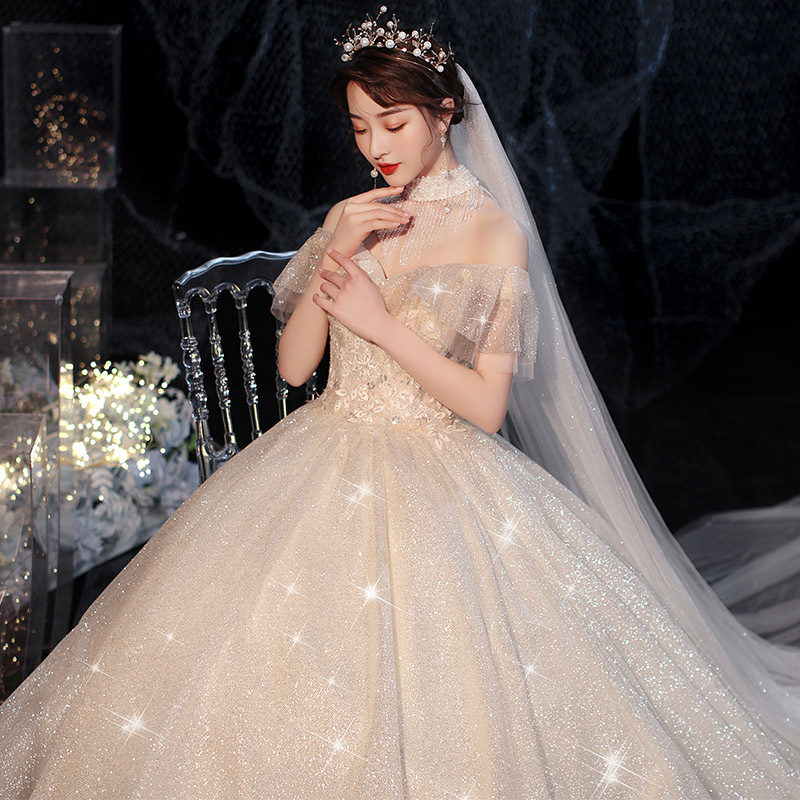 跨境外贸婚纱2022新款气质新娘结婚礼服仙气拖尾森系欧式星空梦幻