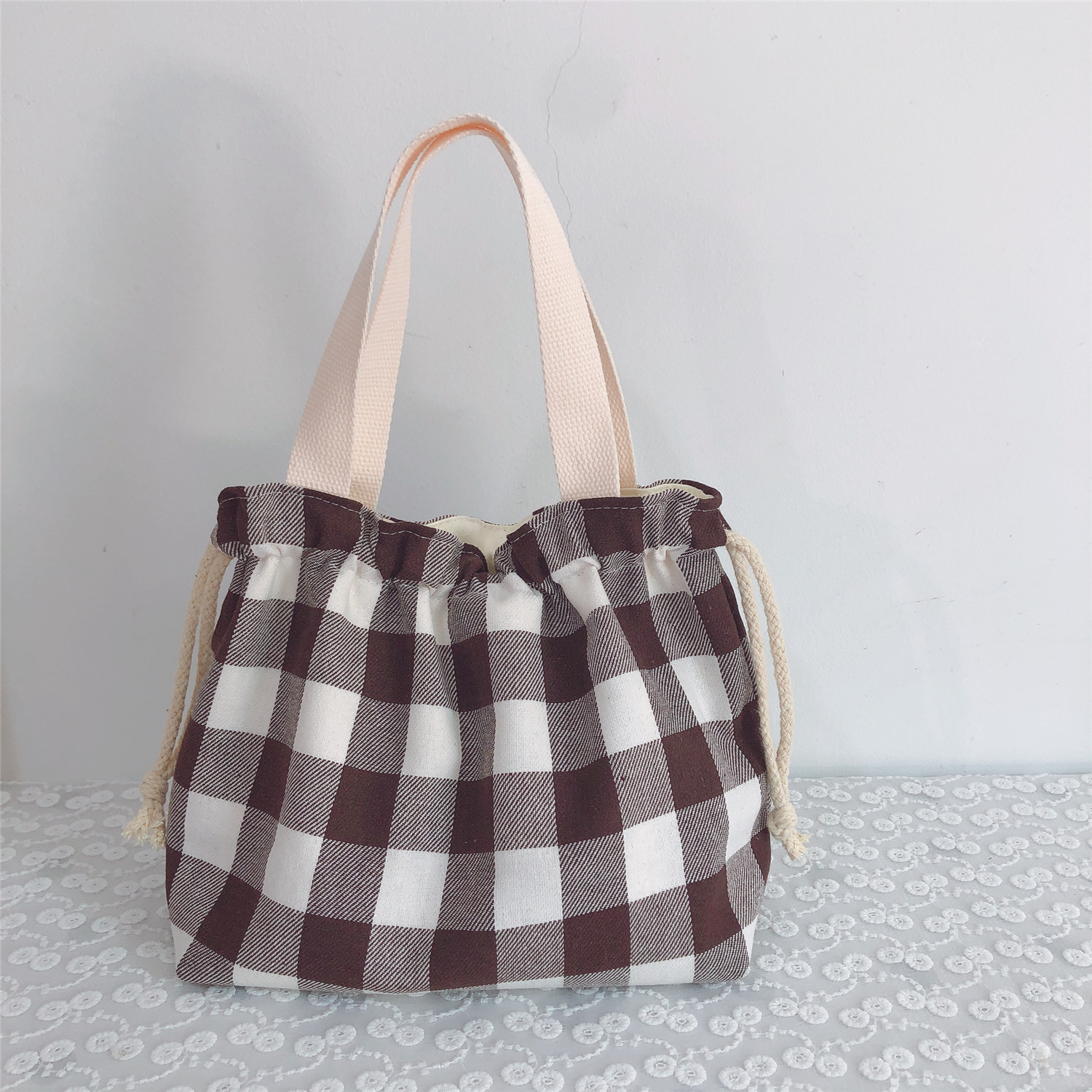 【归蝶布包】棉麻格子抽绳小布包手提收纳小拎包咖色藏青简约格纹