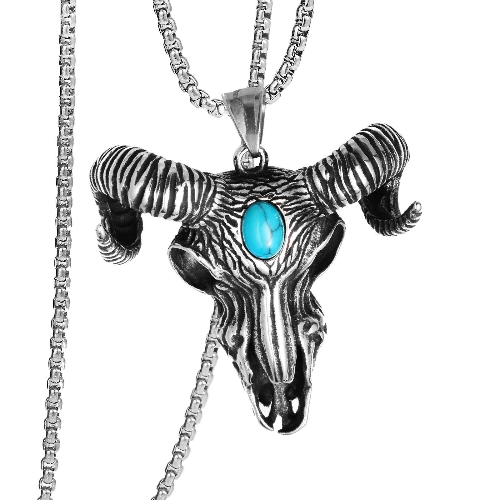 欧美新款男士嘻哈挂坠配饰男士不锈钢绿松石骷髅羊头吊坠项链