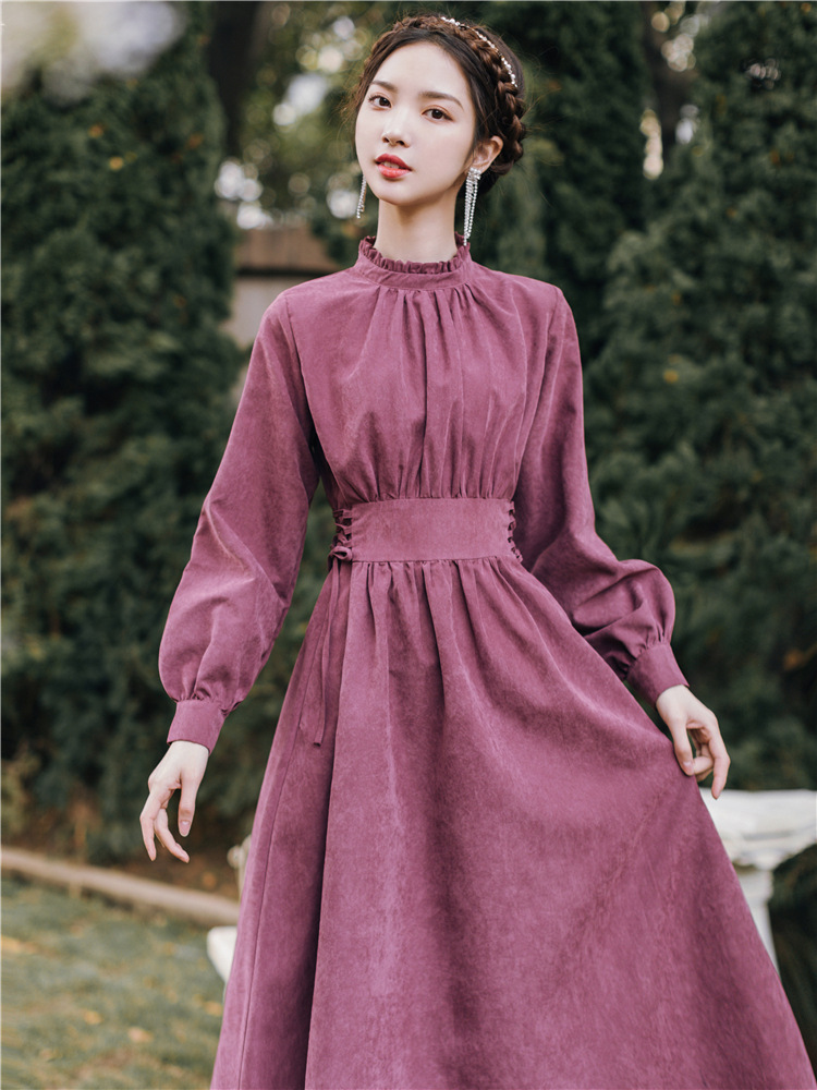 实拍 秋季长袖木耳边领收腰修身复古紫双系带裙高腰中长款连衣裙