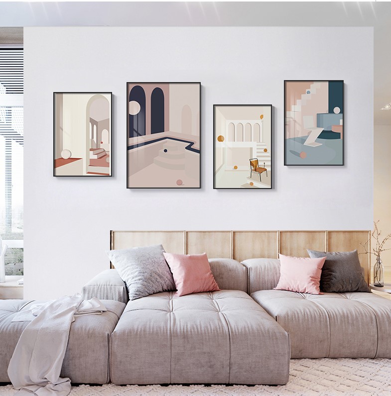 北欧抽象现代墙画莫兰迪色系几何建筑装饰画客厅简约壁画风景挂画