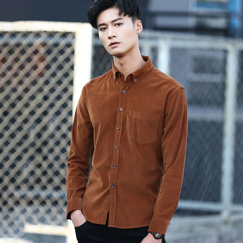 秋冬灯芯绒衬衫男士长袖深棕色休闲中青年保暖衬衣