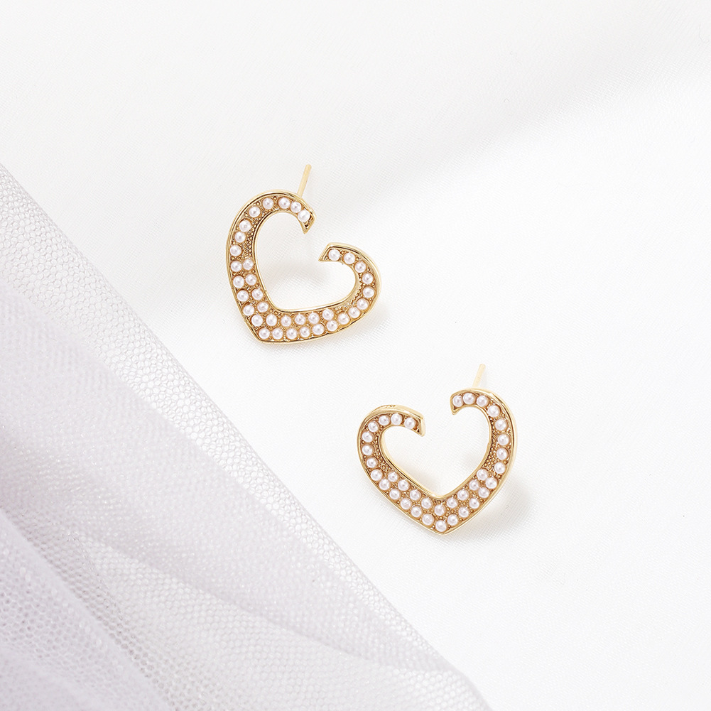 韩版个性心形开口珍珠耳环 s925银针耳饰时尚爱心耳环