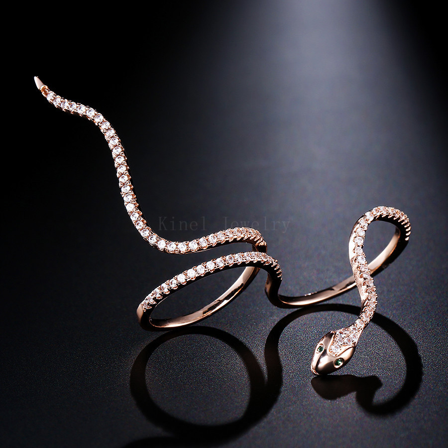 速卖通新款欧美时尚创意蛇形戒指铜镀真金微镶锆石开口戒指女批发