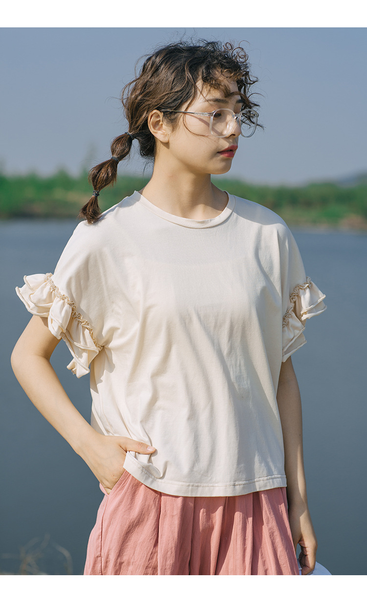 工厂一手资源 2020年夏季新品短袖女圆领纯色百搭宽松花苞袖上衣