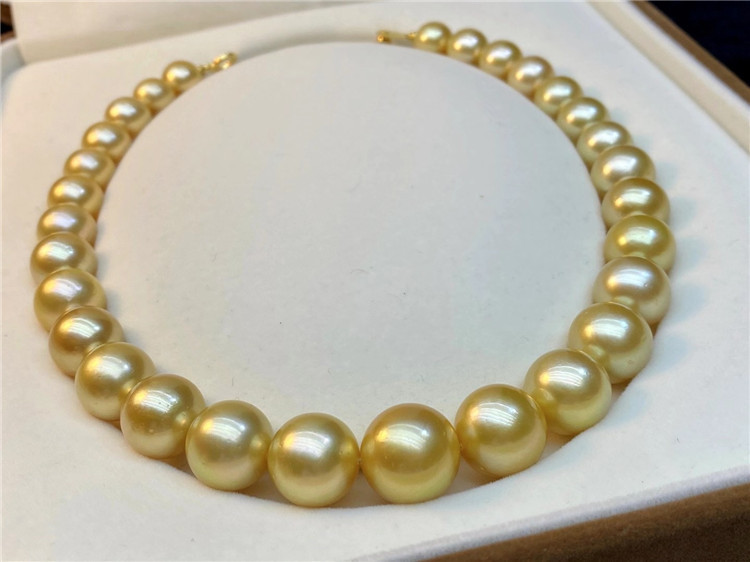 优雅贵气海水金珍珠项链 正圆有天然生长纹针疤瑕 金珠项链12-15