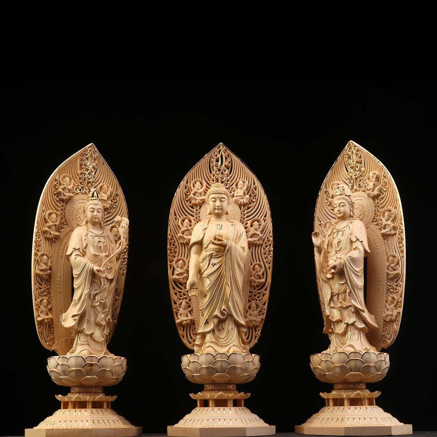 批发 木雕佛像工艺品桧木立莲花描金款西方三圣大尺寸43公分摆件
