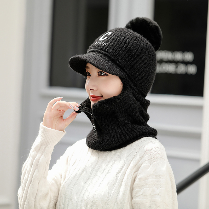 帽子女秋冬季加绒加厚百搭韩版潮冬天护耳保暖鸭舌毛线帽连体帽子