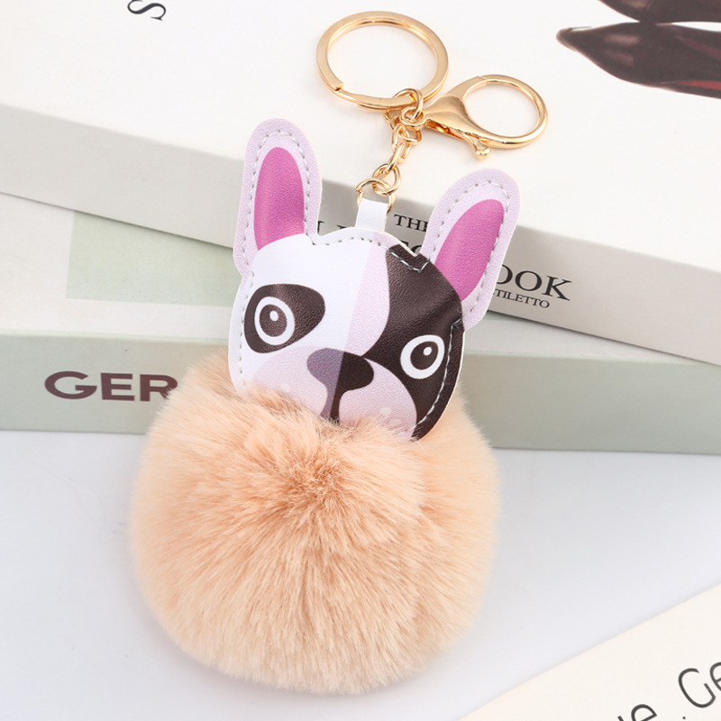 New Cute Puppy Fur Ball Keychain Bag Ornaments PU Leather Bulldog Keychain Pendant Factory Outlet