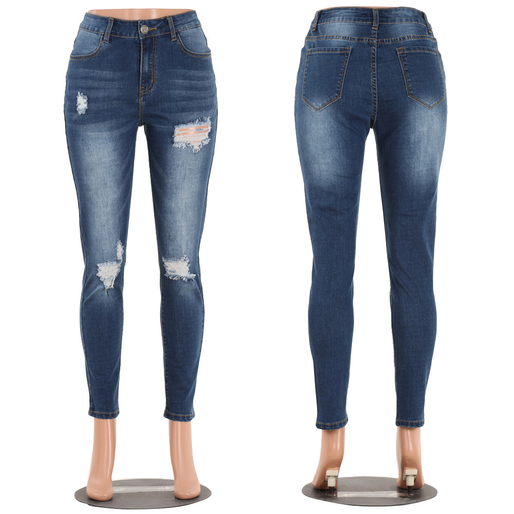 Women's Jeans Foreign Trade Denim European and American Autumn and Winter Temperament Commute Women's Dark Denim Trousers Broken Wholesale