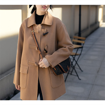 冬季双面羊绒大衣女休闲牛角扣中长款毛呢外套小个子羊毛羊绒大衣