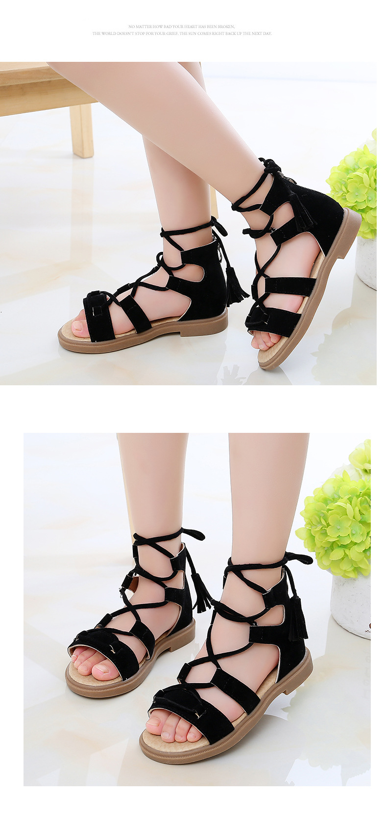 绑带凉鞋女童欧美2022夏款学生罗马鞋中大童公主鞋平底亲子款流苏