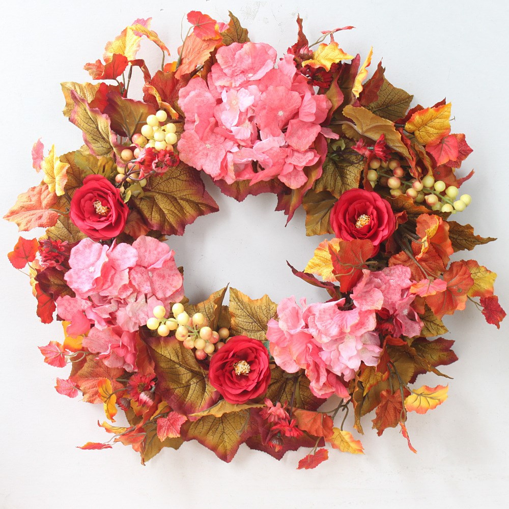 秋季枯黄落叶色仿真花门饰秋色玫瑰绢布绢花花环门环户外别墅装饰