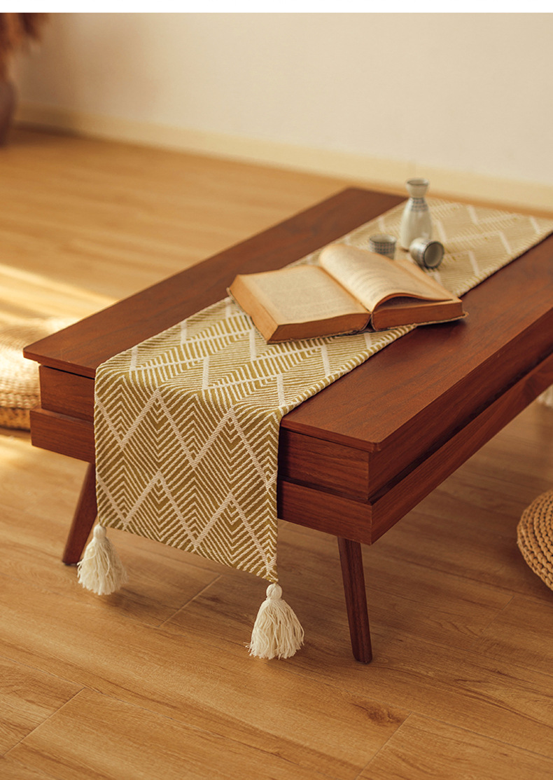 棉麻电视柜茶几盖布 日式长条桌旗 家具防尘罩布四角流苏装饰布