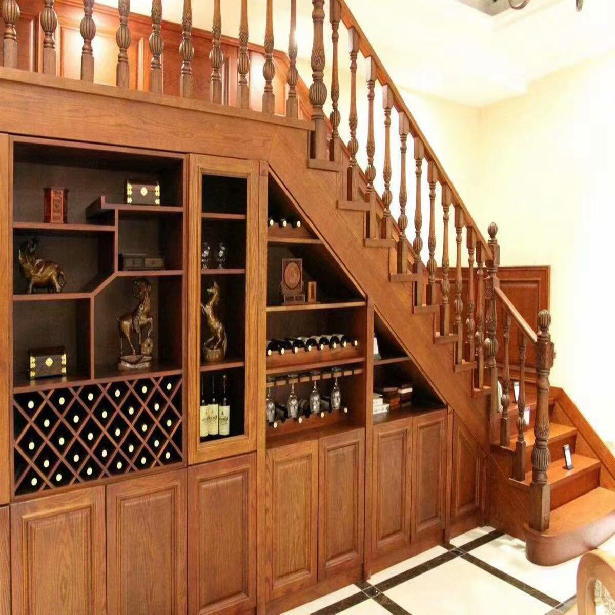 实木书架中式楼梯柜橡木展示柜格子原木酒柜沙比利水曲柳