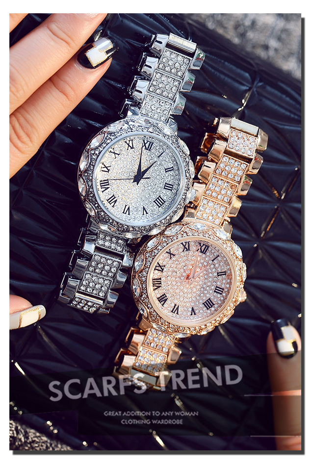 mashali玛莎莉轻奢满钻女士手表 复古罗马数字表盘石英表钢带女表