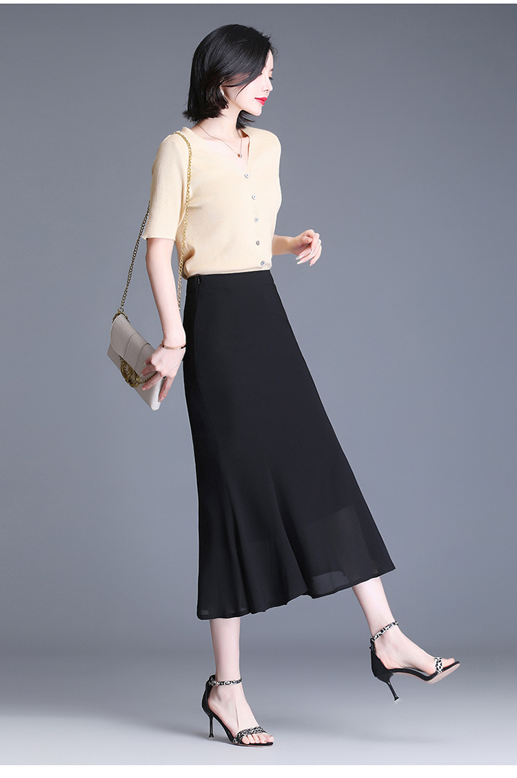 aljym2106黑色雪纺鱼尾一步长裙