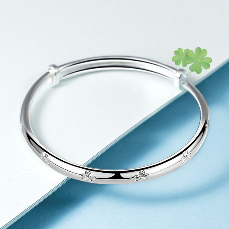 999银字印时尚四叶草手镯女实心银镯子简约足银镯送女友银饰品