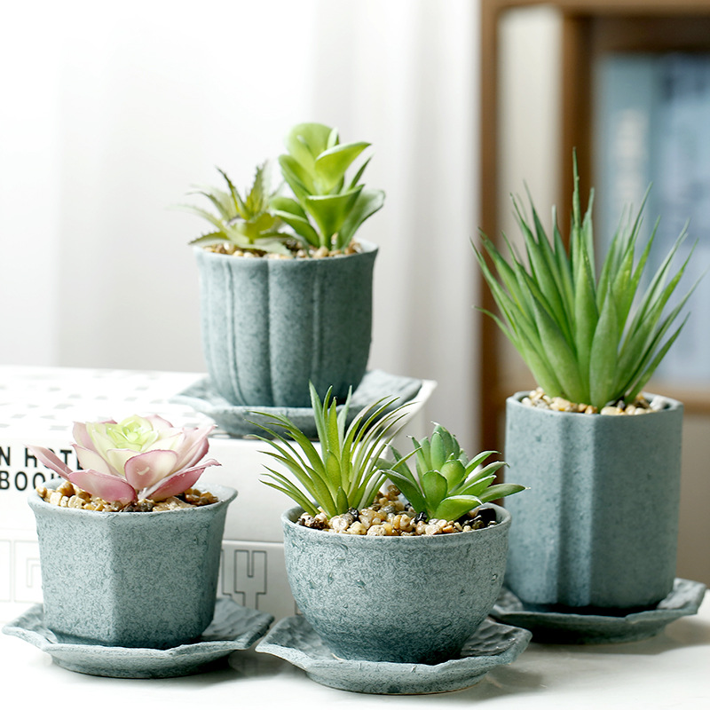 现代简约4款青色陶瓷多肉小花盆带托水碟组合小花缸粗陶透气包邮