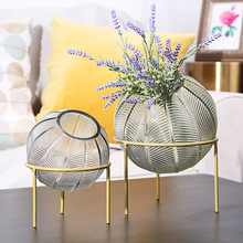 北欧轻奢圆形铁艺玻璃花瓶现代摆件客厅家用装饰品餐桌鲜花插花瓶