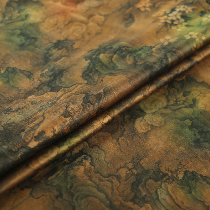 古今丝绸山水祥云图真丝素绉缎香云纱面料纯手工布料 服装布匹