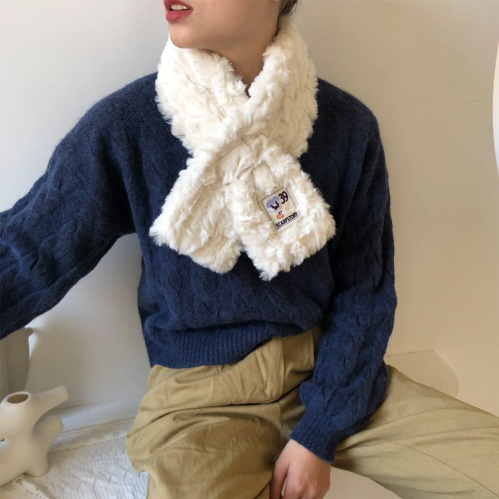 新款冬季加厚少女心交叉毛毛绒围巾女保暖护颈围脖